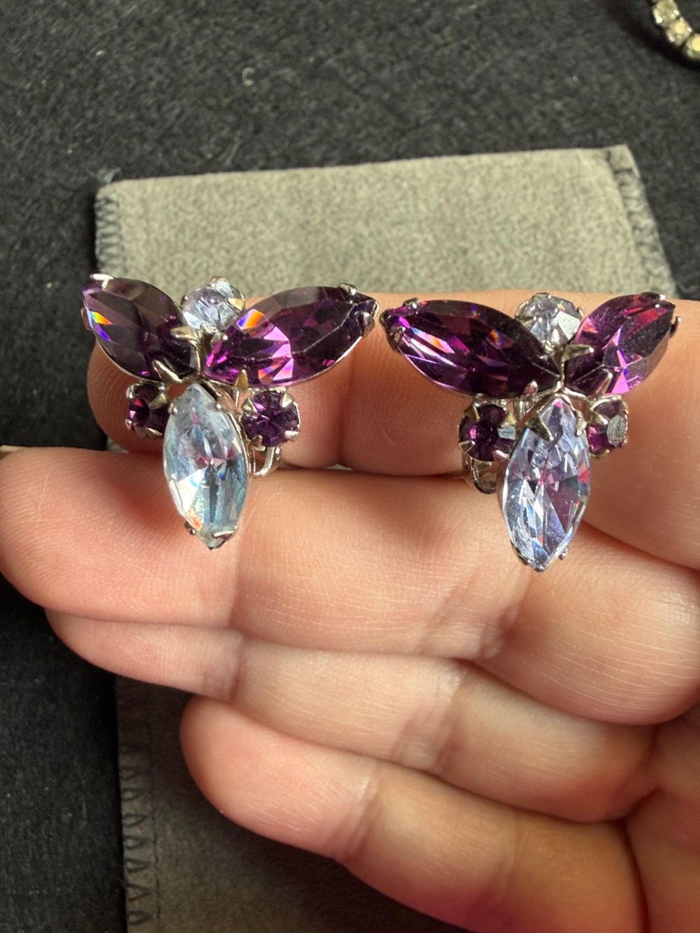 Signed Vogue Purple Crystal Clip On Fancy Earrings